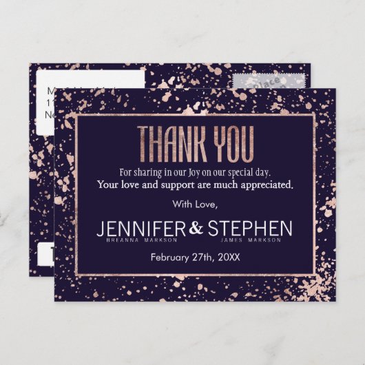 Roos Gold Navy Blue Paint Spletters Dank u Briefkaart (Voorkant / Achterkant)
