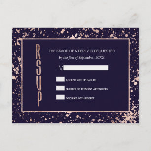 Roos Gold Navy Blue Paint Spletters RSVP Briefkaar Uitnodiging Briefkaart