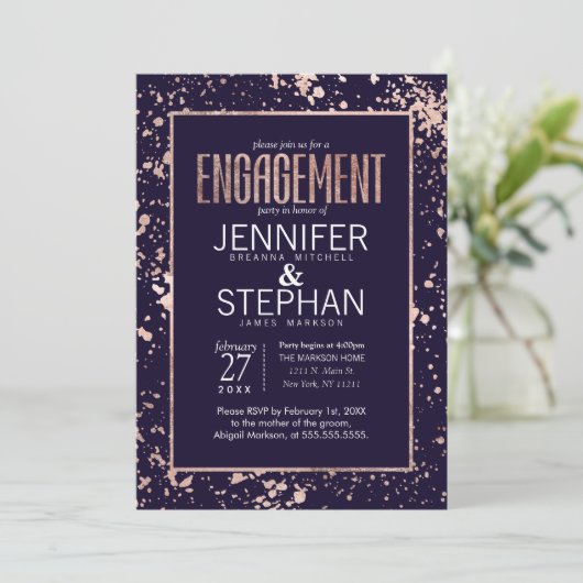 Roos Gold Navy Blue Paint Spletters Verloving Kaart (Staand voorkant)