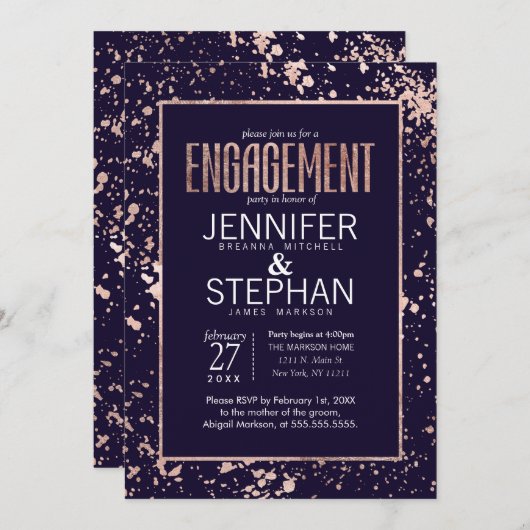 Roos Gold Navy Blue Paint Spletters Verloving Kaart (Voorkant / Achterkant)