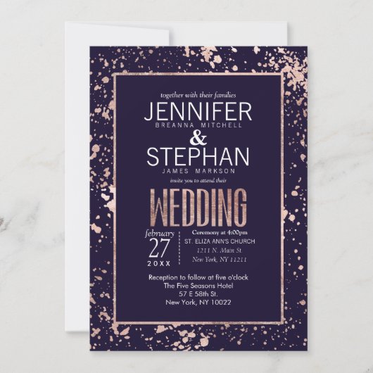 Roos Gold Navy Blue Paint Spletters Wedding Invite Kaart (Voorkant)