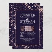 Roos Gold Navy Blue Paint Spletters Wedding Invite Kaart (Voorkant / Achterkant)