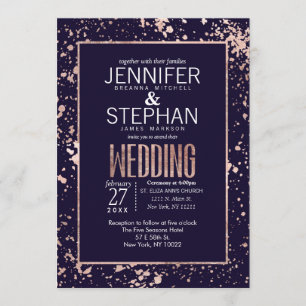 Roos Gold Navy Blue Paint Spletters Wedding Invite Kaart