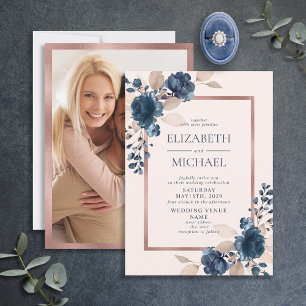 Roos Gold Navy Blue Pink Floral Photo Weddenschap Kaart