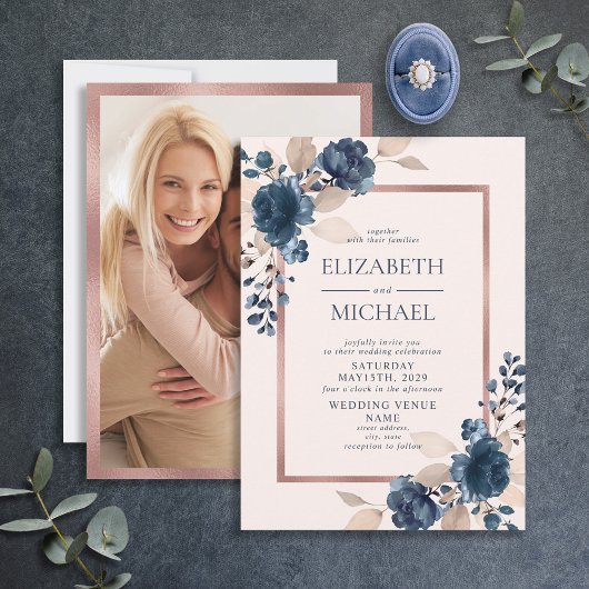 Roos Gold Navy Blue Pink Floral Photo Weddenschap Kaart