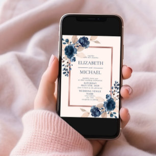Roos Gold Navy Blue Pink Floral Photo Weddenschap Kaart