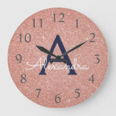 Roos Gold Navy Blue Sparkle Glitter Monogram Naam Grote Klok (Voorkant)