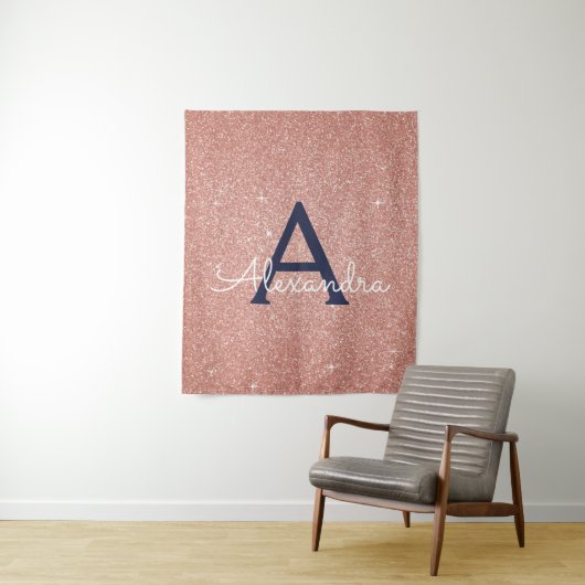Roos Gold Navy Blue Sparkle Glitter Monogram Wandkleed (In situ)