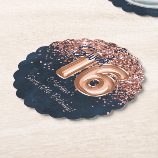 Roos Gold Navy Blue Sweet 16e verjaardagsfeestje Kartonnen Onderzetters (Gekanteld)