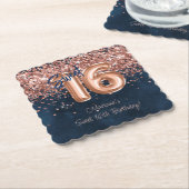 Roos Gold Navy Blue Sweet 16e verjaardagsfeestje Kartonnen Onderzetters (Gebogen)