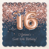 Roos Gold Navy Blue Sweet 16e verjaardagsfeestje Kartonnen Onderzetters (Voorkant)