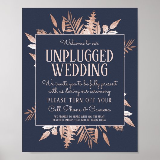 Roos Gold Navy Blue Unplugged Wedding Sign Poster (Voorkant)