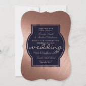 Roos Gold Navy Blue Wedding nodigt metallisch uit Kaart (Voorkant)