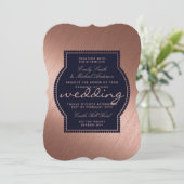 Roos Gold Navy Blue Wedding nodigt metallisch uit Kaart (Staand voorkant)