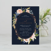 Roos Gold Navy Blush Wedding Bloemen Folie Uitnodiging (Staand Voorkant)