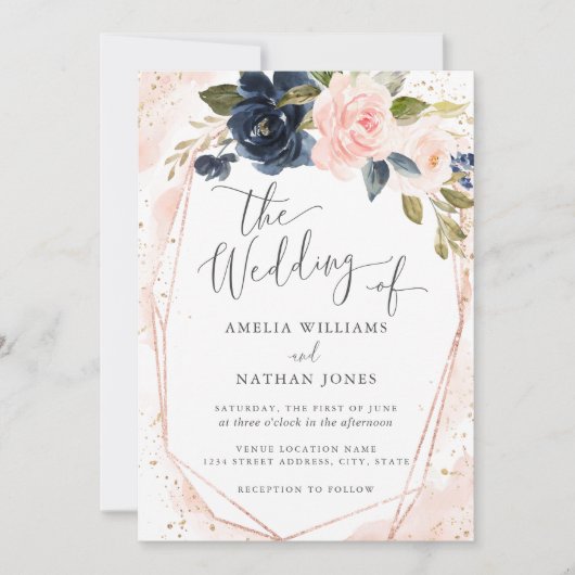 Roos Gold Navy Botanische Waterverf Wedding Kaart (Voorkant)