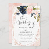 Roos Gold Navy Botanische Waterverf Wedding Kaart (Voorkant / Achterkant)