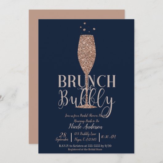 Roos Gold Navy Champagne Bubble Bridal Brunch Kaart (Voorkant / Achterkant)