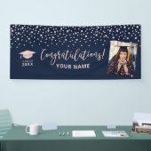 Roos Gold Navy Confetti - Gefeliciteerd Afstuderen Spandoek (Beurs)