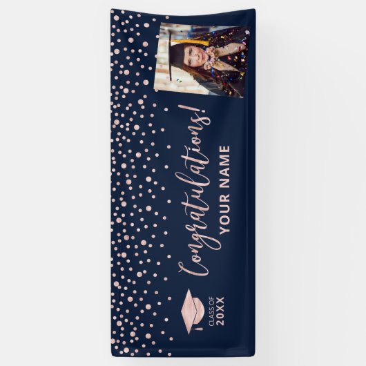 Roos Gold Navy Confetti - Gefeliciteerd Afstuderen Spandoek (Verticaal)