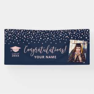 Roos Gold Navy Confetti - Gefeliciteerd Afstuderen Spandoek