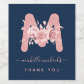 Roos Gold Navy Dank u Floral Monogram Wijn Etiket (Enkel label)