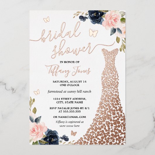 Roos Gold Navy Dress Vrijgezellenfeest Folie Folie Uitnodiging (Voorkant)