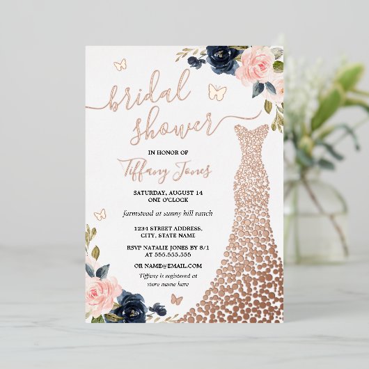 Roos Gold Navy Dress Vrijgezellenfeest Folie Folie Uitnodiging (Staand Voorkant)