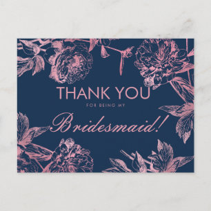 Roos Gold Navy Eenvoudige bloemige bruidsmeisje da Briefkaart