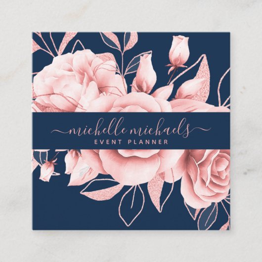 Roos Gold Navy Floral Waterverf Event Planner Vierkante Visitekaartje (Voorkant)