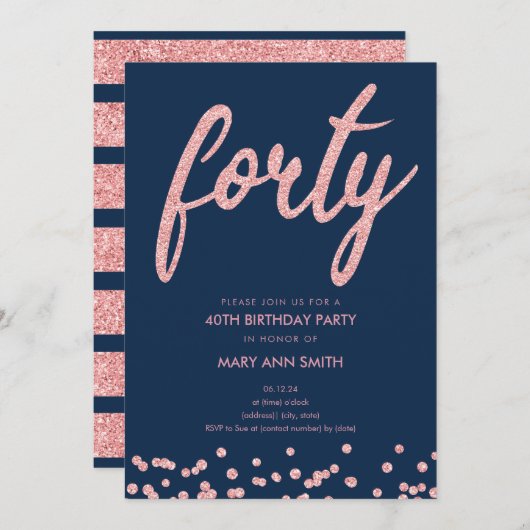 Roos Gold Navy Glitter 40th Birthday Party Kaart (Voorkant / Achterkant)