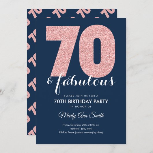 Roos Gold Navy Glitter 70 & Fabulous Birthday Kaart (Voorkant / Achterkant)