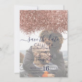 Roos Gold Navy Glitter Confetti Foto Weddenschap Save The Date (Voorkant)