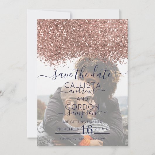 Roos Gold Navy Glitter Confetti Foto Weddenschap Save The Date (Voorkant)