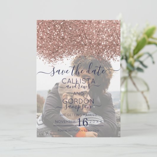 Roos Gold Navy Glitter Confetti Foto Weddenschap Save The Date (Staand voorkant)