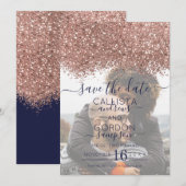 Roos Gold Navy Glitter Confetti Foto Weddenschap Save The Date (Voorkant / Achterkant)