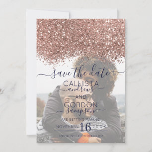 Roos Gold Navy Glitter Confetti Foto Weddenschap Save The Date