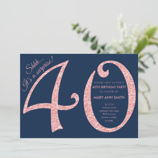 Roos Gold Navy Glitter Surprise 40ste verjaardag Kaart (Staand voorkant)