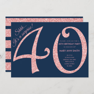 Roos Gold Navy Glitter Surprise 40th Birthday Kaart