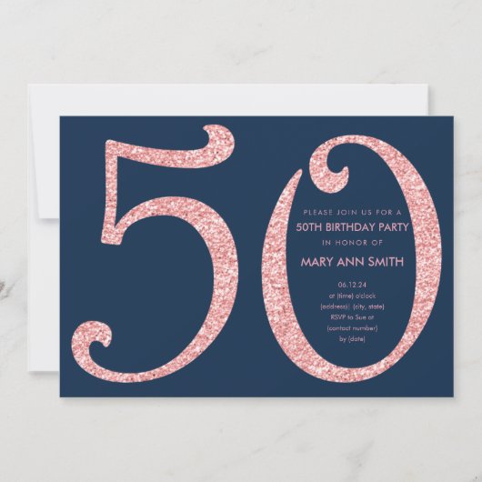 Roos Gold Navy Glitter Surprise 50th Birthday Kaart (Voorkant)