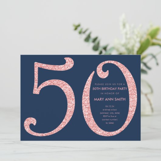 Roos Gold Navy Glitter Surprise 50th Birthday Kaart (Staand voorkant)