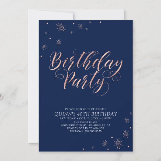 Roos Gold & Navy Modern Chic Adult Birthday Party Kaart (Voorkant)