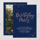 Roos Gold & Navy Modern Chic Adult Birthday Party Kaart (Voorkant / Achterkant)