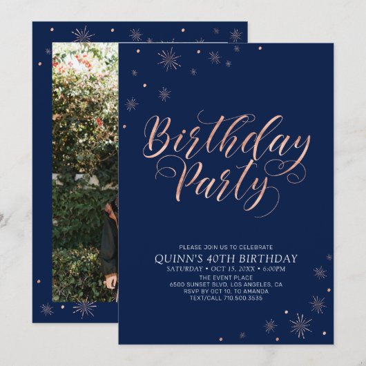 Roos Gold & Navy Modern Chic Adult Birthday Party Kaart (Voorkant / Achterkant)