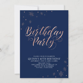 Roos Gold & Navy Modern Chic Adult Birthday Party Kaart