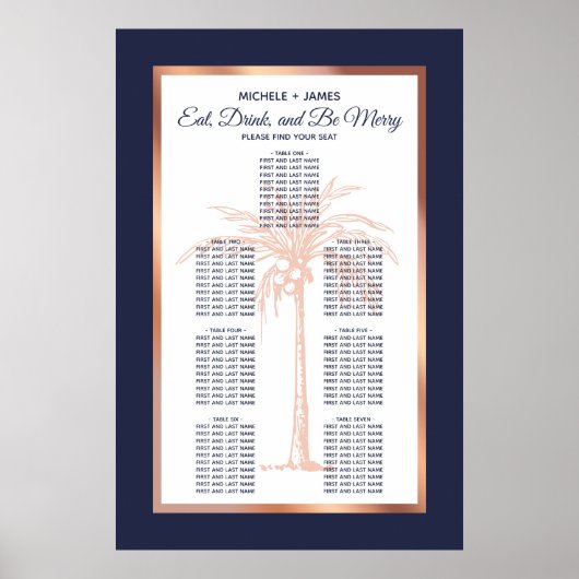 Roos Gold Navy Palm Tropical Wedding Seating Chart Poster (Voorkant)