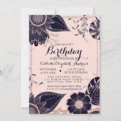 Roos Gold Navy Pink Floral Glitter Border Birthday Kaart (Voorkant)