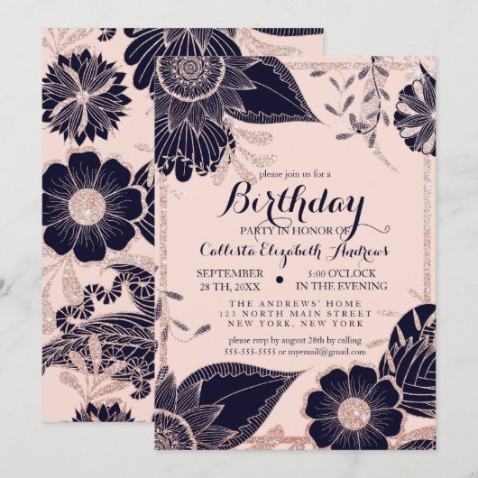 Roos Gold Navy Pink Floral Glitter Border Birthday Kaart (Voorkant / Achterkant)