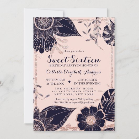 Roos Gold Navy Pink Floral Glitter Border Sweet 16 Kaart (Voorkant)
