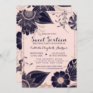 Roos Gold Navy Pink Floral Glitter Border Sweet 16 Kaart